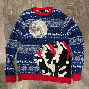 Dogs Wolves Howling at the Moon Santa Ugly Christmas Sweater
